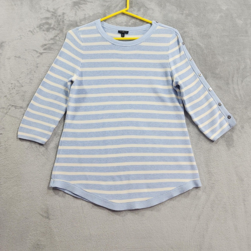 Talbots Sweater Womens MP PETITE Blue White Striped 3/4 Sleeve Button Detail